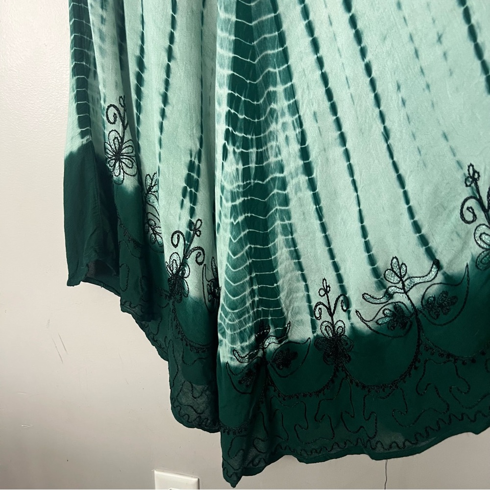 Tie Dye Green Embroidered Midi Dress Asymmetrical Hem Beach Swim Coverup Boho - Picture 5 of 12